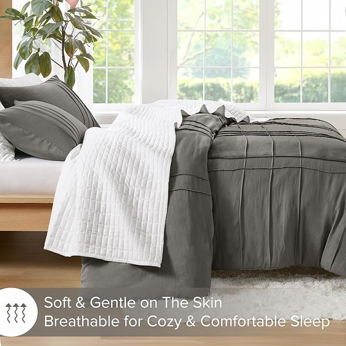 Comfort Spaces Grey King Size Duvet Cover Set - 3 Piece Pintuck Pleated Duvet Cover, All Season Lightweight, Extra Soft Pre-Washed Microfiber King Bedding Cover Shams