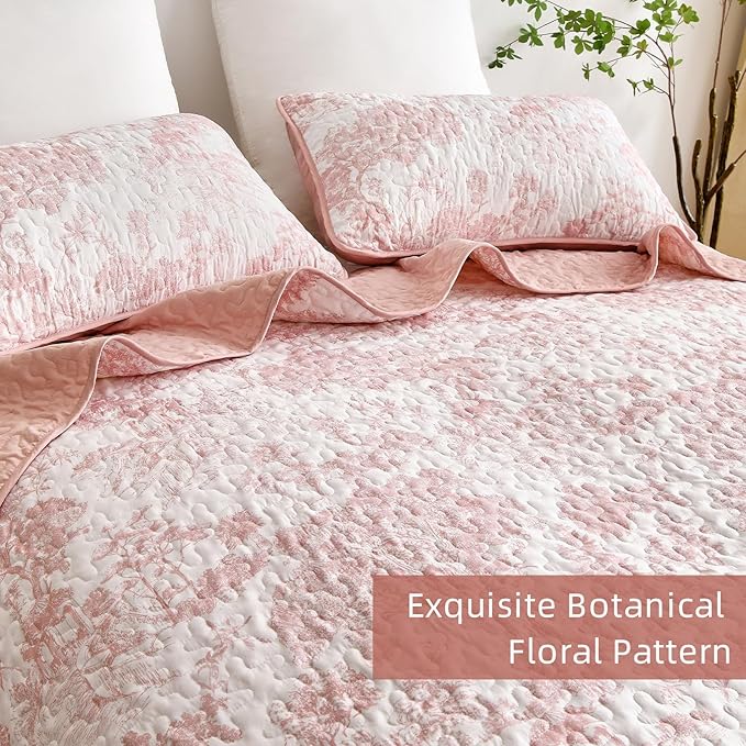 WONGS BEDDING Quilt Set King Size, 3 Pieces Pink Floral Plants Printed Bedspread Coverlet Set Soft Lightweight Microfiber Botanical Bedding Set for All Season (104"x90")