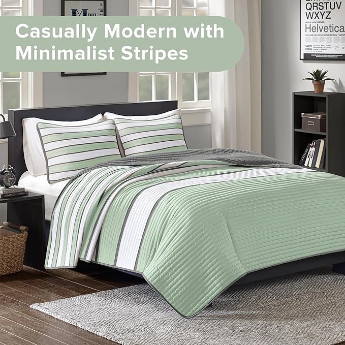 Comfort Spaces Twin Quilt Set Trendy Casual Fun, Vibrant Color Stripes Design, All Season Lightweight Coverlet Bedspread Twin Size Kids Bedding & Sham, Verone, Twin/Twin XL, Sage Green, 2 Piece