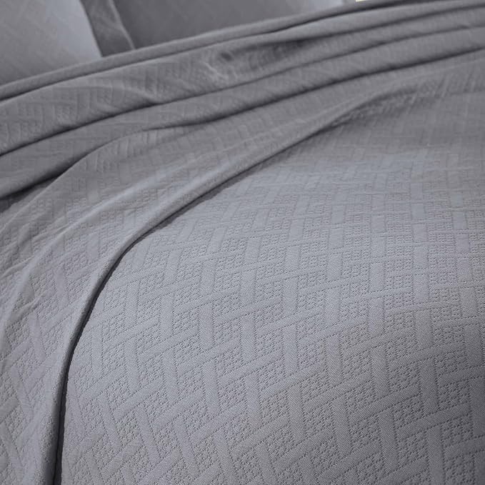 Superior 3 Piece Basketweave Cotton Bedspread Set, Home Bed Decor, Decorative Bed Spread, 2 Pillow Shams, Medium Weight Blanket, Matelasse Coverlet Bedding, Geometric Lattice Pattern, Queen, Grey
