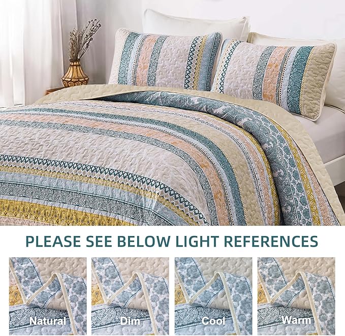 WONGS BEDDING Boho Quilt Set Full Size, Yellow Bohemian 3 Pieces Fall Quilt Sets, Blue Lightweight Bedspread Coverlet Bedding Set for All Season (78"x90")