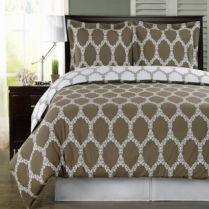 Royal Hotel Bedding Taupe and White Brooksfield 4 Piece Full/Queen Comforter Set 100% Cotton 300 Thread Count
