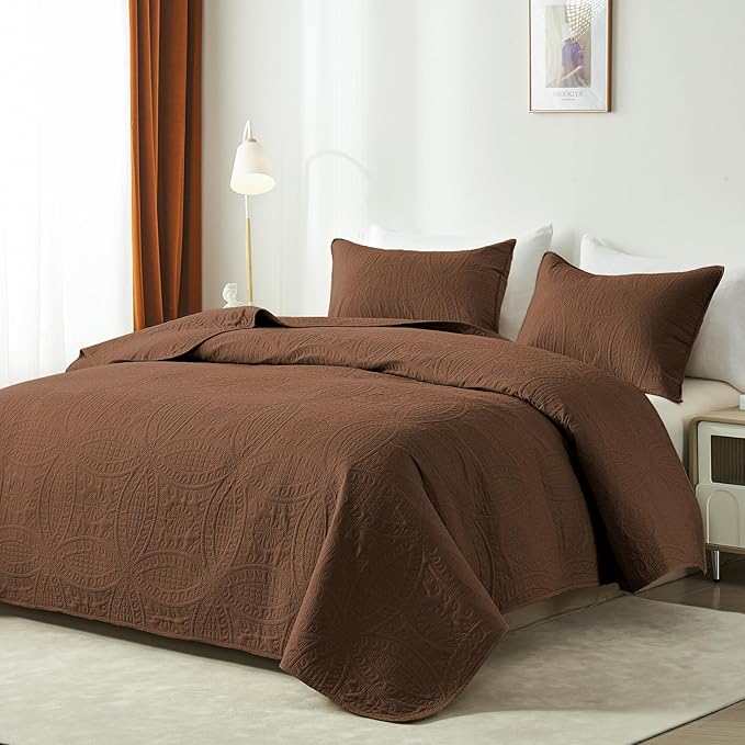 akkialla Full/Queen Quilt Bedding Set,Brown Ultrasonic Quilt Set,Lightweight Soft Bedspread Coverlet,Modern Style Coin Pattern Bed Cover for All Seasons,3 Piece(1 Quilt,1 Pillow Shams)