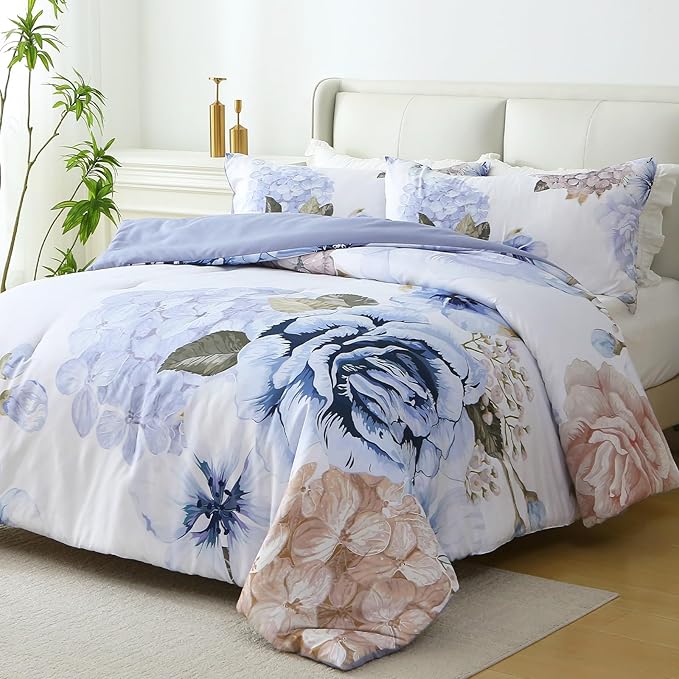 Floral Comforter Set King Size, 3 Pieces Elegant Blue Floral Bed in a Bag, Soft Microfiber Botanical Flower Bedding Set with 2 Pillowcases for All Season 104"×90"