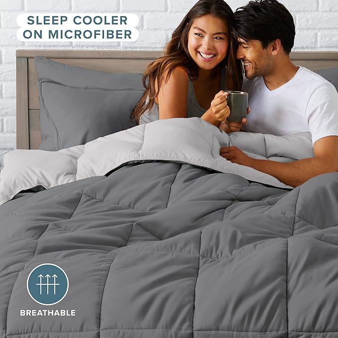 Bare Home Reversible Bed-in-A-Bag Comforter & Sheet Set - King - Down Alternative - Soft - Bedding Set (King, Grey/Light Grey)