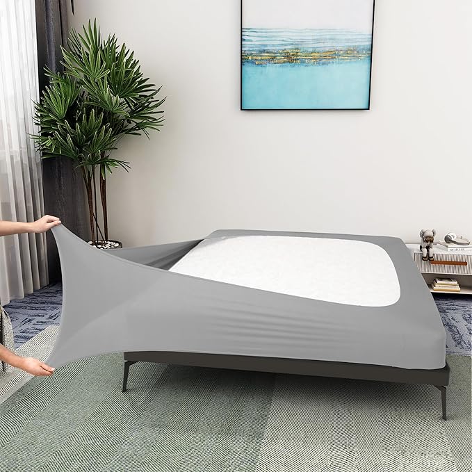 Box Spring Cover Twin/Twin XL Size - Jersey Knit & Stretchy Wrap Around 4 Sides Bed Skirt for Hotel & Home, Silver
