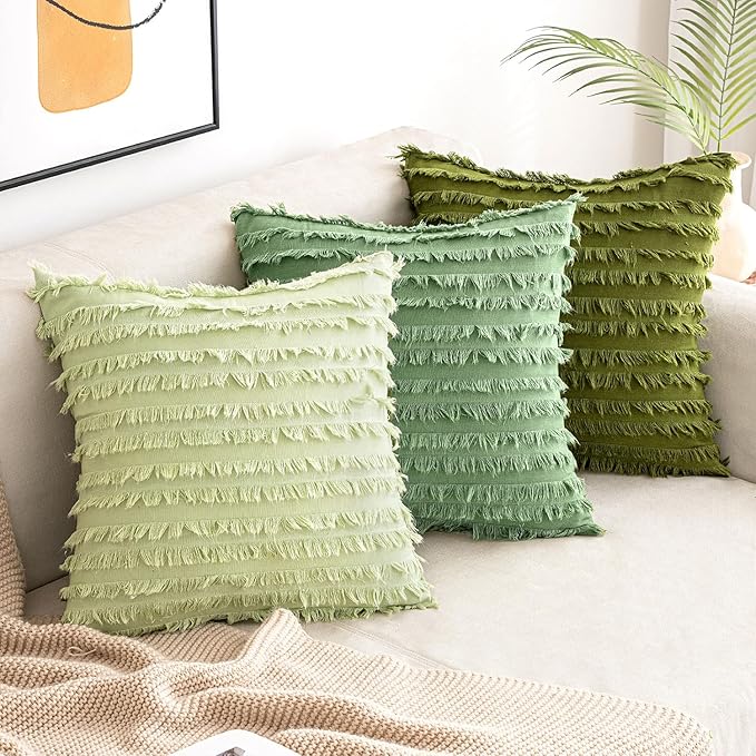 MIULEE Set of 2 Decorative Boho Throw Pillow Covers Spring Linen Striped Jacquard Pattern Cushion Covers for Spring Sofa Couch Living Room Bedroom 18x18 Inch Grass Green