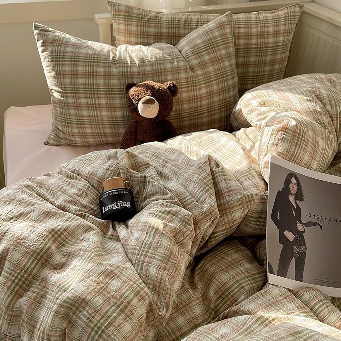 mixinni King Duvet Cover Set - 3 Piece Washed Cotton Vintage Geometric Plaid Bedding Set with Zipper Closure, Soft & Breathable Green Pink White Buffalo Check Pattern for All Seasons