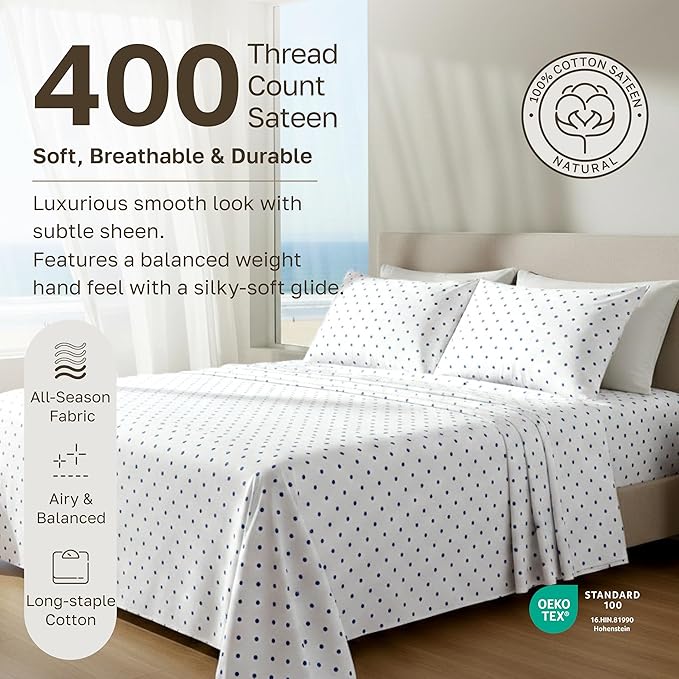 California Design Den Deep Pocket Twin Sheets Set - 400 Thread Count Sateen, Natural 100% Cotton Sheets, and Durable Bedding Set - Polka Dot