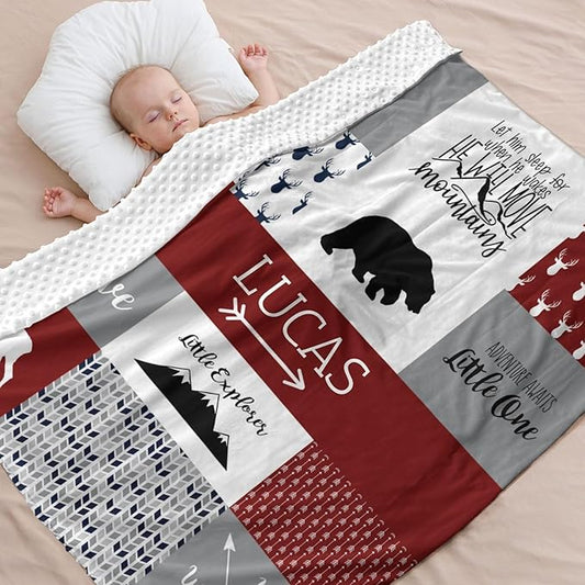 Customzed Baby Blanket for Boys Super Soft Double Layer with Dotted Backing, Monogrammed Receiving Blanket with Cute Woodland Multicolor Printed Blanket Red 40 x 50 Inch