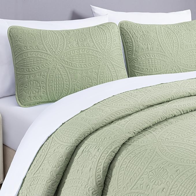 Chezmoi Collection Austin 3-Piece Oversized Bedspread Coverlet Set (Queen, Sage)