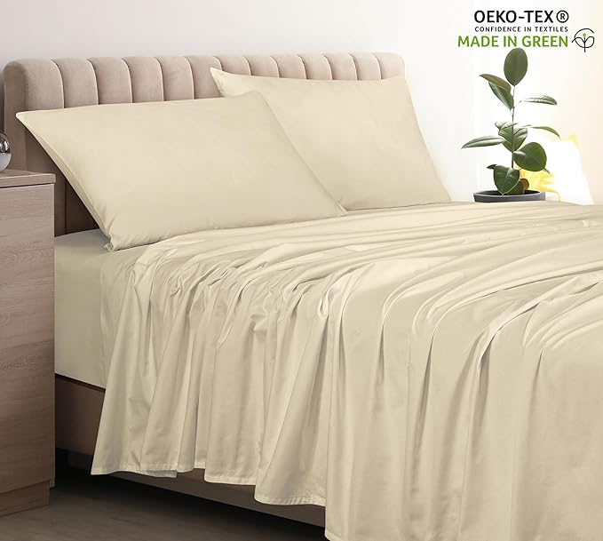 Royale Linen 400 Thread Count 100% American Grown Cotton Flat Sheet - Cooling Sheets - King Sheets - Luxury Sateen Weave - King Flat Sheet Sold Separately - Sand Flat Sheet Only (King, Moroccan Sand)