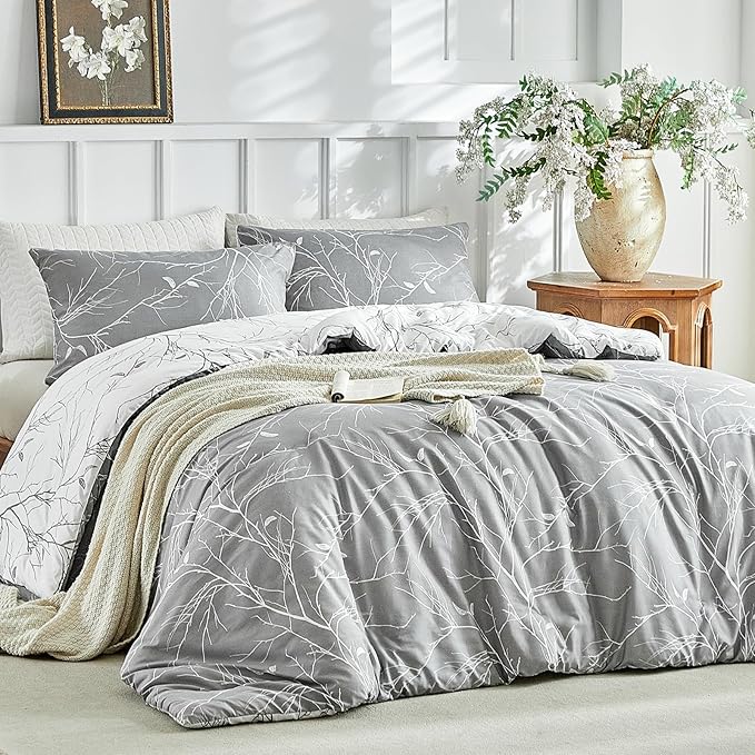 Lekesky Reversible Duvet Cover King Size, Grey White Branch Comforter Cover King 3pcs Microfiber Botanical Bedding Set with Zipper Closure Corner Ties