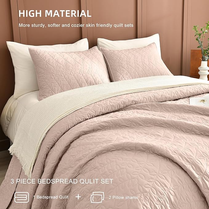 Lady Ann Camel Oversized Queen Bedspread 100x106, 3 Pcs Leaves Pattern Printed Oversized Queen Quilt Set for Extra Large Bed, Lightweight & Soft Farmhouse Bedspreads & Coverlets