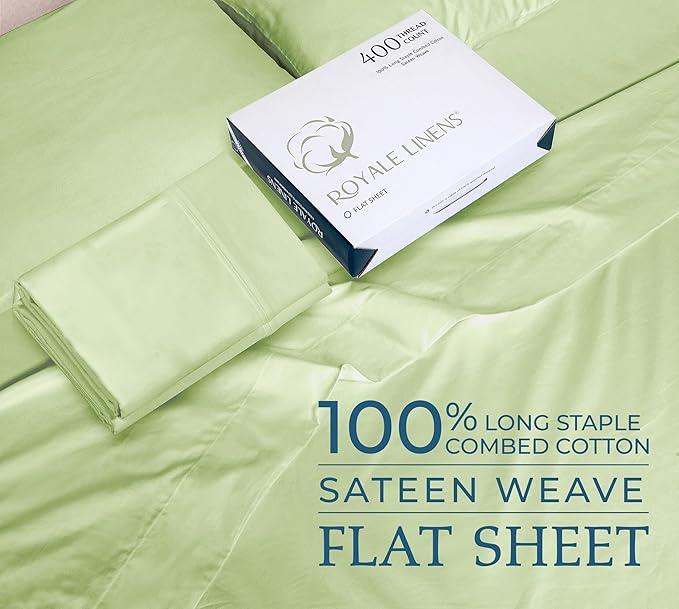 400 Thread Count 100% American Grown Cotton Flat Sheet - Cooling Sheets - King Sheets - Luxury Sateen Weave - King Flat Sheet Sold Separately - Super Soft Green Flat Sheet Only (King, Florentine Sage)