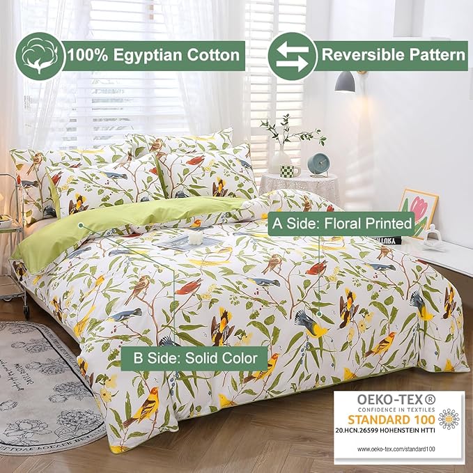 URBONUR 3 Pieces King Size Duvet Cover Set, 100% Cotton Percale Soft Breathable Smooth Comforter Cover Green Leaves & Birds Printed Bedding Set with Button Closure