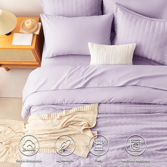 CozyLux Full Seersucker Comforter Set with Sheets Light Purple Bed in a Bag 7-Pieces All Season Lavender Bedding Sets with Comforter, Pillow Sham, Flat Sheet, Fitted Sheet, Pillowcase