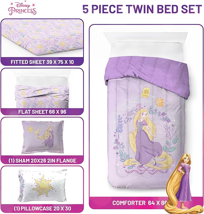 Jay Franco Kids Comforter Set Includes Sheets and Pillow Covers - Soft and Cozy Bed Set for Stylish Room Decor, Purple - Disney Princess Rapunzel, 5 Piece Twin Size Bedding