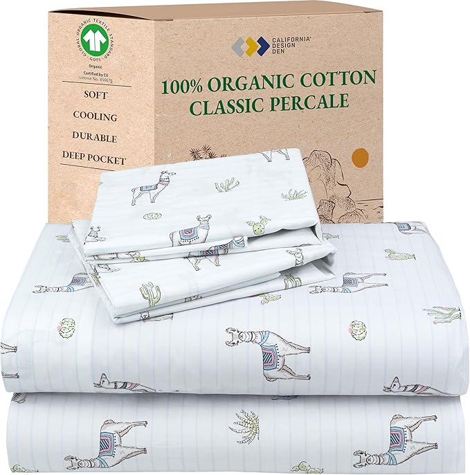 California Design Den Printed Full Size Cotton Sheet Set, 100% Organic Cotton Percale Sheets, Deep Pocket Sheets & Pillowcase Set - Llama