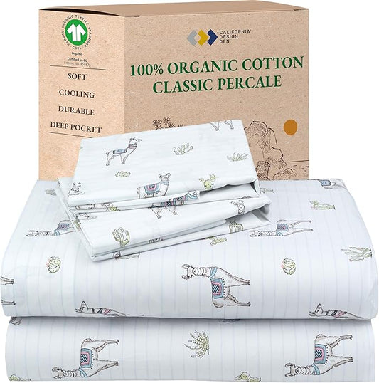 California Design Den Printed Full Size Cotton Sheet Set, 100% Organic Cotton Percale Sheets, Deep Pocket Sheets & Pillowcase Set - Llama