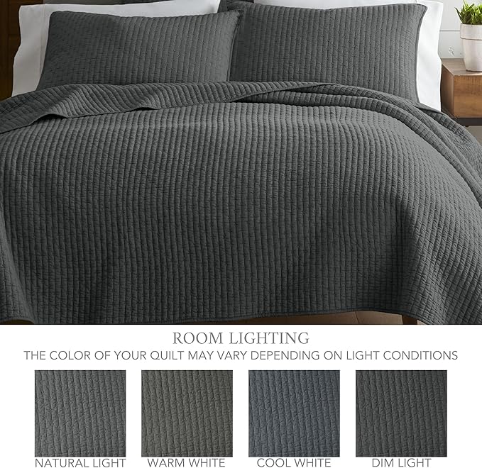 Levtex Home Cross Stitch Reversible Full Bedspread Set (100x104in) with 2 Pillow Shams (26x20in) - Stitch Texture - Charcoal - Cotton Full Size Bedspread Set - Lightweight, Soft, Pre-Washed