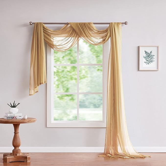 Warm Home Designs Caramel Gold Sheer Window Scarf. Valance Scarves are 54 X 144 Inches. Great As Wedding Arch Draping Fabric, Bed Canopy Or for Decorative Project. AM Gold 144"