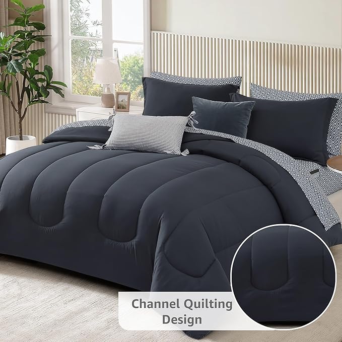 Monbix King Size Comforter Set - 7 Pieces Bed in a Bag King, Blue Grey Track Stitching Bedding Sets with Comforter, All Seasons Comforter Bed Set with Sheets, Pillowcases & Shams