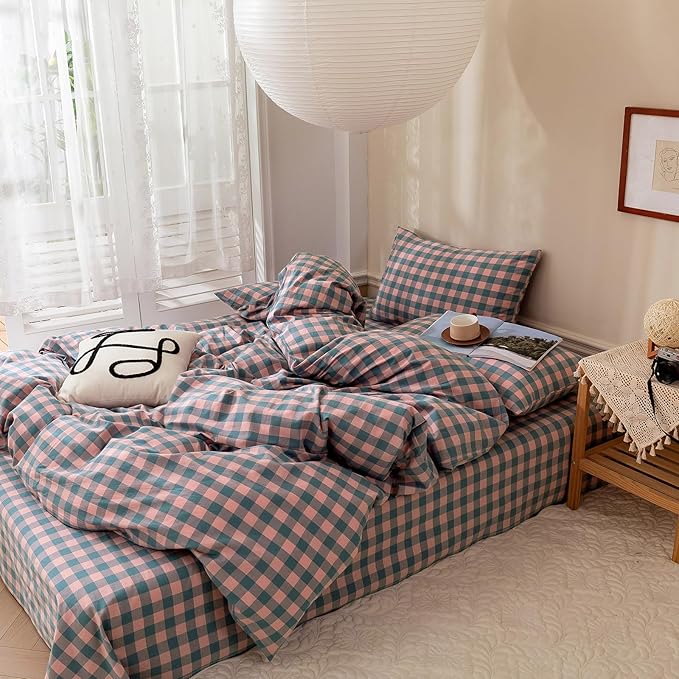 Checkered Comforter Set King Size Purple Pink Plaid Bedding Comforter Cotton Fabric with Microfiber Inner Fill Soft Fluffy Bed Set 3 Pieces Grid Bedding Checkered Pattern Comforter with 2 Pillowcases
