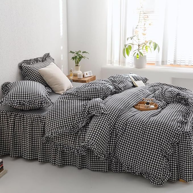 mixinni Black White Gingham Ruffle Duvet Cover Full Size 3 Pieces – 100% Washed Cotton, Vintage Plaid Ruffled Bedding Set with Zipper Ties, Soft Checkered Grid Farmhouse Chic Comforter Cover Set