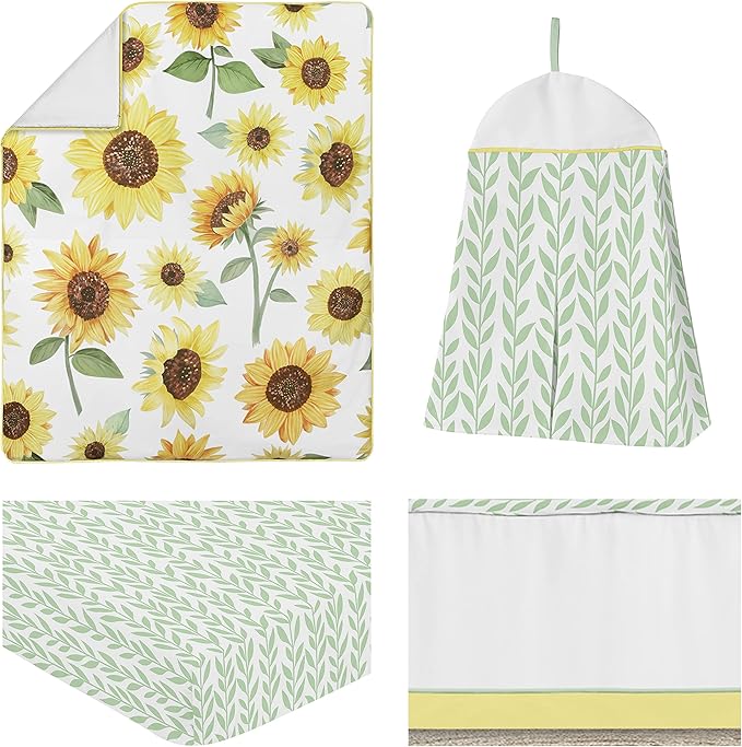 Sweet Jojo Designs Yellow, Green and White Sunflower Boho Floral Baby Girl Nursery Crib Bedding Set - 4 Pieces - Farmhouse Watercolor Flower