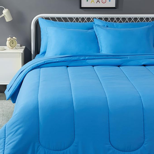 Amazon Basics 7-Piece Soft, Easy-Wash Microfiber Kid's Bed-in-a-Bag Bedding Set with Sheet and Comforter, Full/Queen, Blue, Soft Solid