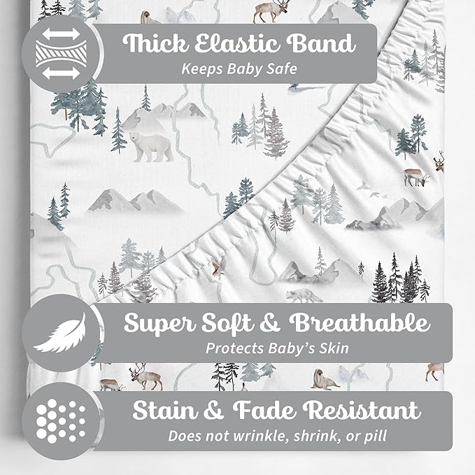Baby Bassinet Sheets for Boy, Girl (Arctic Journey) 2-Pack - Fitted Bedside Bassinet Sheets - Buttery Soft Cotton Blend for Standard Mattress Pad - Compatible with Halo BassiNest