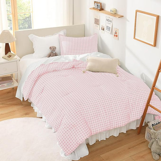 Andency Pink Gingham Comforter Set Full(79x90Inch), Blush Checkered Grid Plaid Buffalo Bed Set for Girls Boys Kids Teens, 3 Pieces Lightweight Microfiber Geometric Preppy Bedding