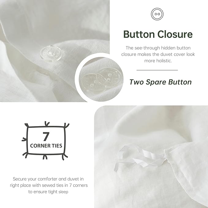 Simple&Opulence 100% Linen Duvet Cover Set, 3 PCS Natural French Flax White Duvet Cover Full Size, Breathable Soft Comfy Linen Bedding Comforter Cover with 2 Pillowcases(White, 78"x86")