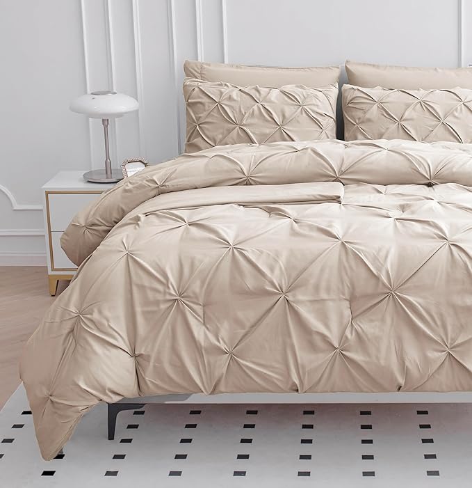 LANE LINEN Full Size Comforter Set – 7 Piece Pintuck Bed in a Bag - Bedding Set of 1 Comforter, 1 Flat & 1 Fitted Sheets, 2 Pillowcases & 2 Shams – All Season Soft Bedding for Full Size Beds – Beige | Year-round comfort, Durable stitching, Smooth soft ...