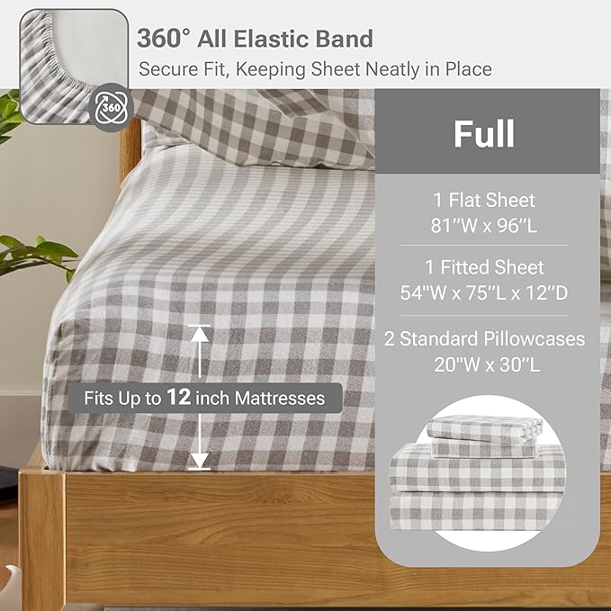 Sleep Philosophy True North 100% Cotton Flannel Sheets Full Size, Cozy Flannel Sheet Set Brushed for Extra Softness, Heavyweight Novelty Print Warm Flannel Bedding Set, Gray Herringbone Check 4 Piece