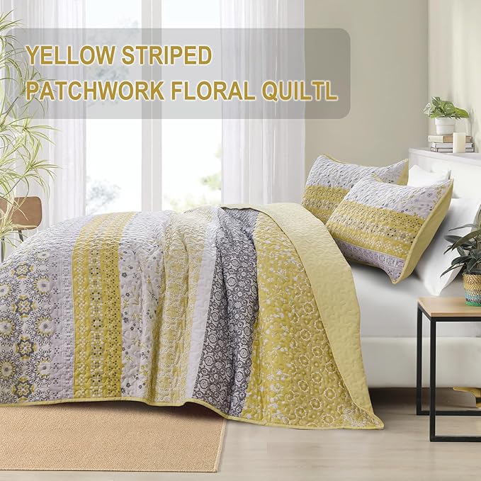 WONGS BEDDING Boho Quilt Set King, Yellow Bohemian Striped Patchwork Bedspread Coverlet Set with 2 Pillowcases,Lightweight Microfiber Floral Bedding Set 104"×90"