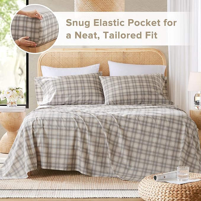 Comfort Spaces 100% Cotton Sheets Twin XL, Breathable, Naturally Cool Cotton Sheets, Soft Cotton Bed Sheets with 12" Elastic Pocket Fits up to 14" Mattress, All Seasons Sheet Set, Wesley Taupe 3 Piece