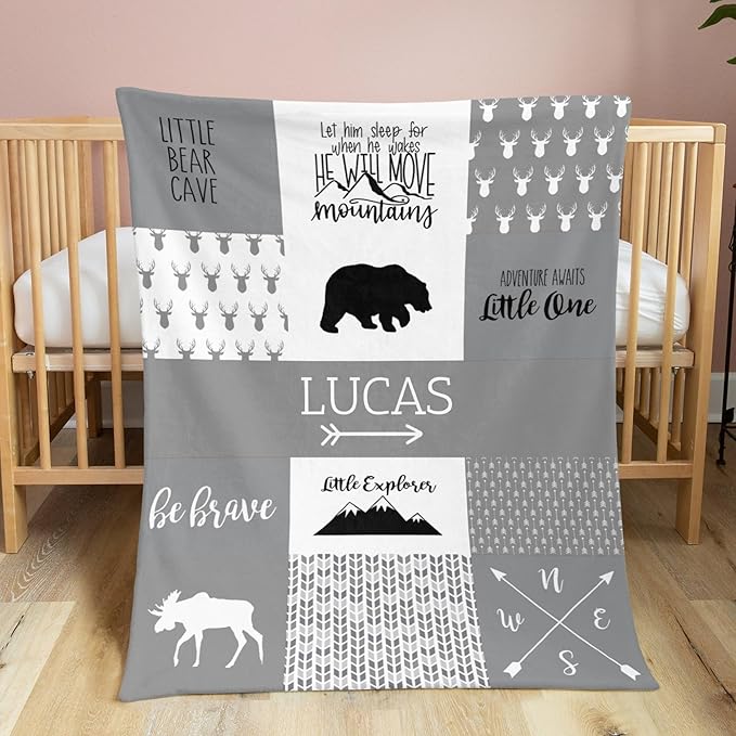 Personalized Baby Blanket for Boys, 35x45 Inches Soft Double Layer Baby Blankets with Dotted Backing, Receiving Blanket Bed Throws for Newborn, Infant, Babies, Bear, Frost Gray