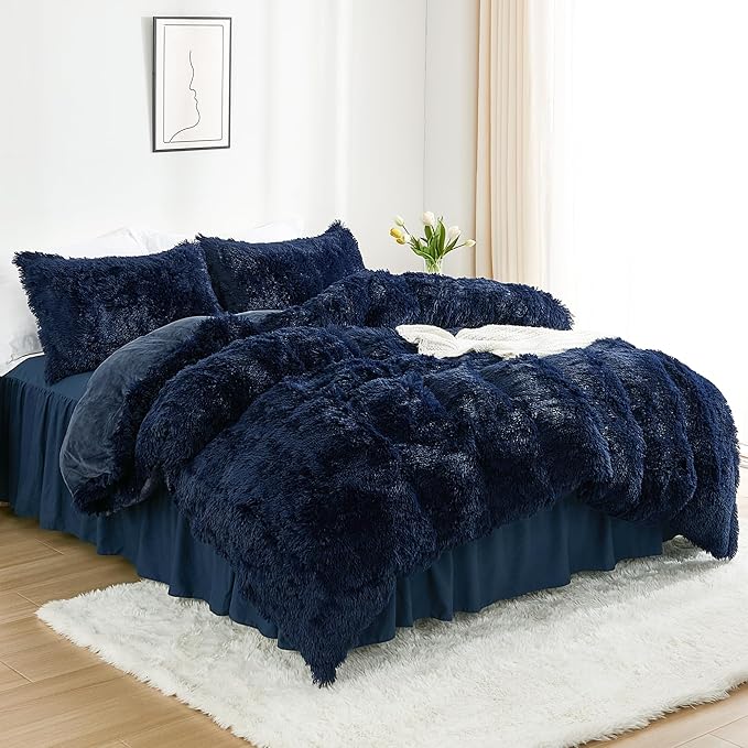 annadaif Fluffy Duvet Cover Full Size, Navy Blue Plush Shaggy Faux Fur Comforter Cover Velvet Bedding Set with Zipper Closure(1 Duvet Cover, 2 Pillowcases)