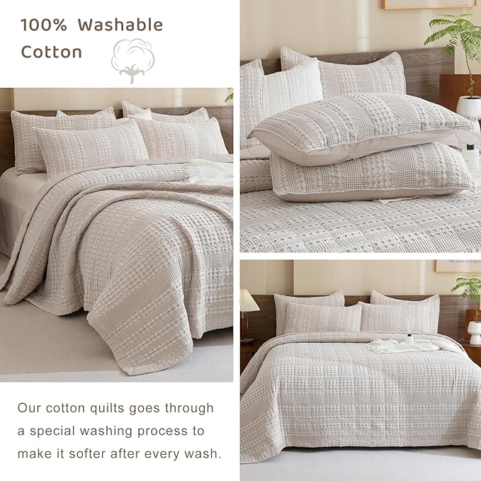 Sanracie Cotton Oversized King Bedspread (128"x120"), Oatmeal Colored Waffle Weave Quilted Set Extra Wide Farmhouse Aesthetic Bedding Set 3Pcs Soft Breathable Bedding Coverlet for All Season