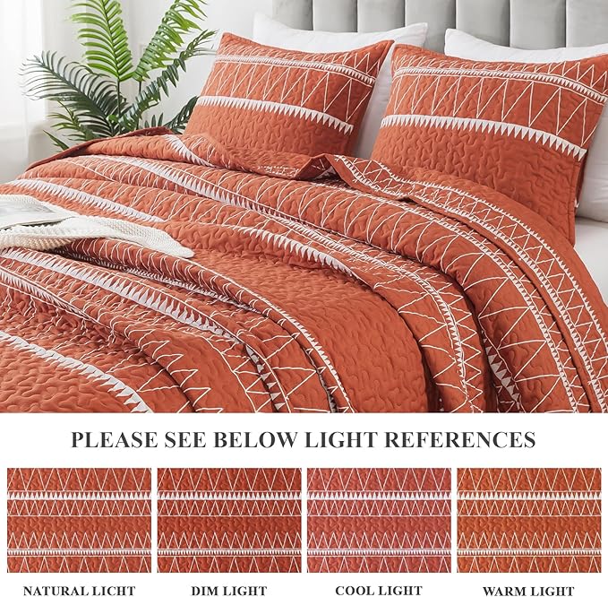 Andency Terracotta Quilts Queen Size, 3 Pieces Queen Quilt Bedding Set Boho Lightweight Soft Striped Bedspread for All Season (90"x96"), Printed Bohemian Microfiber Reversible Coverlet Comoforter Sets