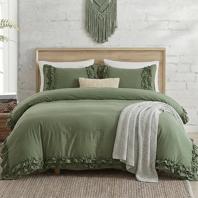 Avocado Green Duvet Cover Queen Ruffled Bedding Set Pleated Ruffle Fringe Shabby Chic Bedding Super Soft Cozy Boho Bedroom Bedding for All Season