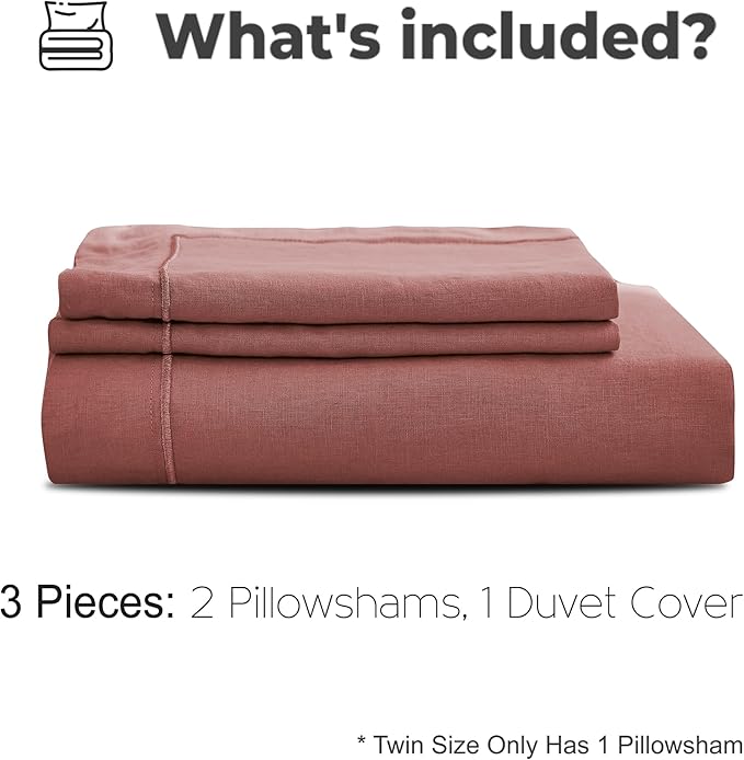 Simple&Opulence 100% Washed Linen Duvet Cover Set with Embroidered,3 Pieces Soft Farmhouse Comforter Set with Button Closure,1 Duvet Cover and 2 Pillowshams(King,Coral Red)
