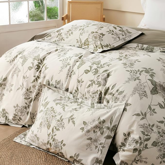 OAITE Duvet Cover Set Queen Size Floral Pattern 600 Thread Count Ultra Soft 100% Long Staple Cotton Duvet Cover Sets 3-PC, Breathable Duvet Cover with Zipper Closure & Corner Ties