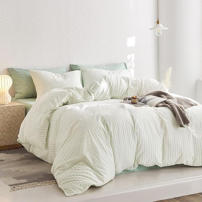 Wake In Cloud - Striped Cotton Duvet Cover Set, Ticking Stripe Vertical Pinstripe Farmhouse, 100% Washed Cotton Textured Percale Bedding Set, 3 Pieces, Aqua White, Queen Size