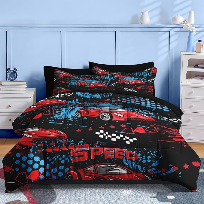 Nesker 5 Pcs Comforter Set Twin Size, Red Black Sports Car Bedding for Kids Teen, Auto Race Bed Sheet with Pillowcase & Sham