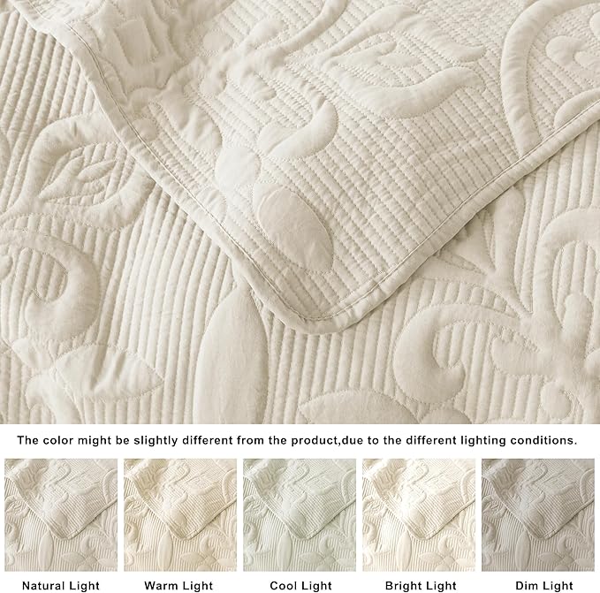 Ivory Damask Quilt Twin Size Bedding Sets with 1 Pillow Sham, Cream Boho Bedspread Lightweight Soft Farmhouse Vintage Bohemian Coverlet Retro Jacquard Pattern Bed Cover for All Season, 2 Pieces