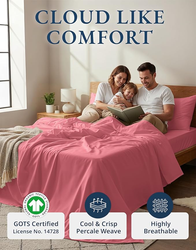 LANE LINEN 100% Organic Cotton Bed Sheets Full Size, Fully Elasticized Sustainably Produced Soft & Comfy, Machine Washable Naturally Cooling Full Sheet Deep Pocket Bedding - Mineral Red
