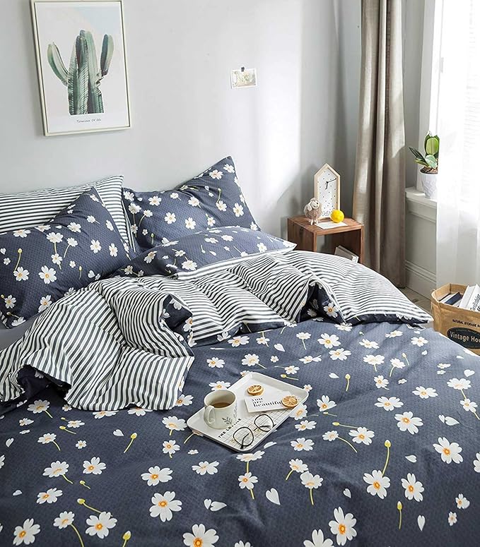 HighBuy Floral Duvet Cover Kids Girls Shabby Chic Duvet Cover Set Cotton Striped Reversible Stripe Pattern Navy Blue Teens Boys Bedding Set Twin Single Bed Comforter Covers
